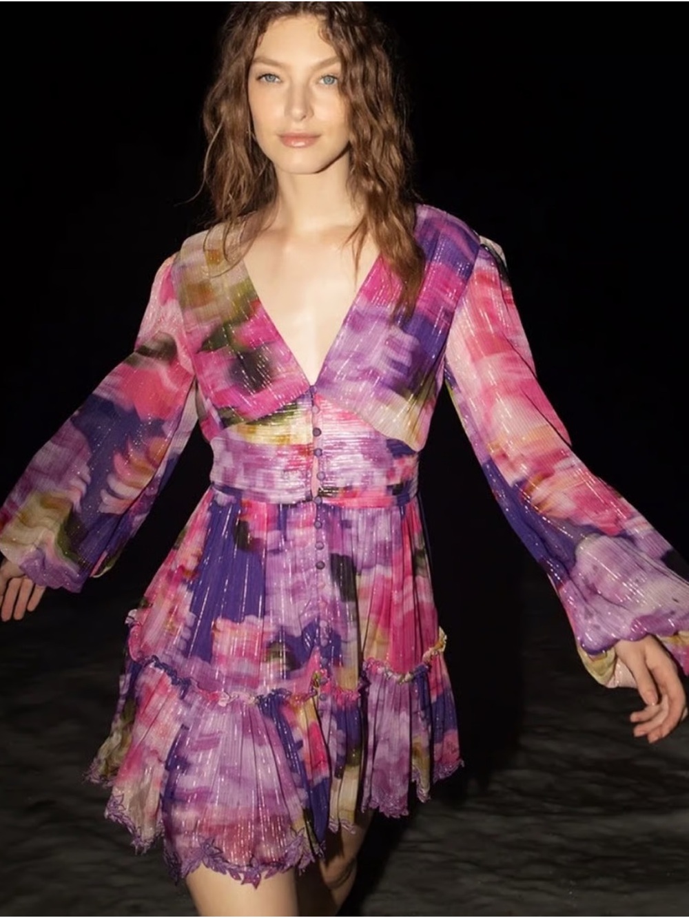 Hemant and Nandita Floral Purple-Pink V-Neck Tiered Mini Dress - Anay - Picture 6 of 8